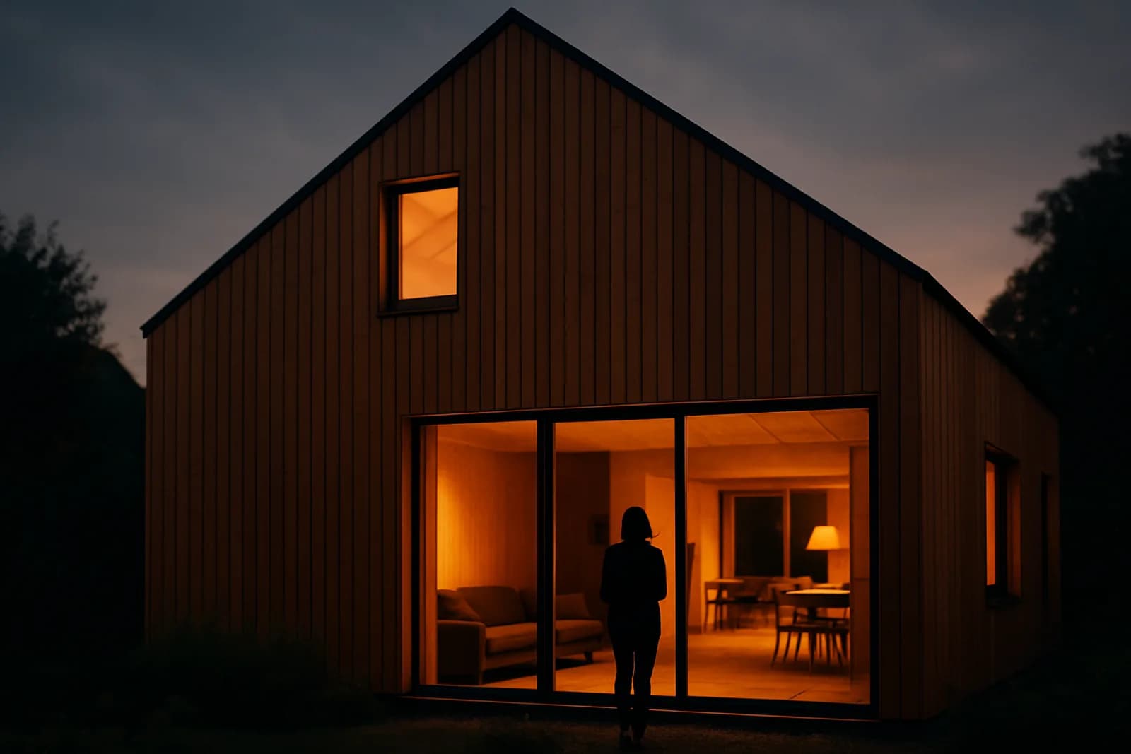 Einfamilienhaus mit Holzfassade am Abend